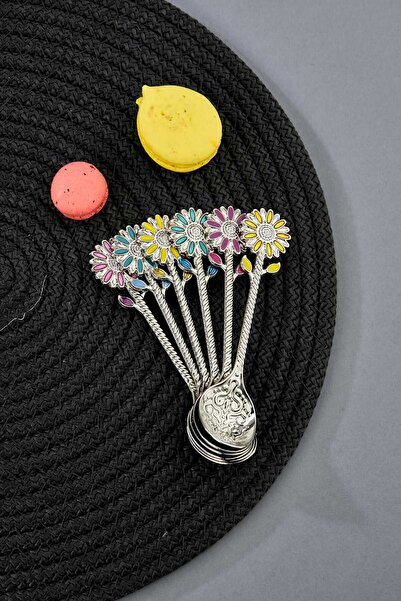 EMBazaar 6'lı Baharat, Çay Kaşığı Seti Çiçek Desenli Baharat Kaşıkları. Altın ve Gümüş Renkli Kaşık Takımı