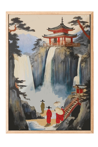 Zestia Tablou cu ramă din lemn, peisaj cu cascadă și templu, poster decorativ...