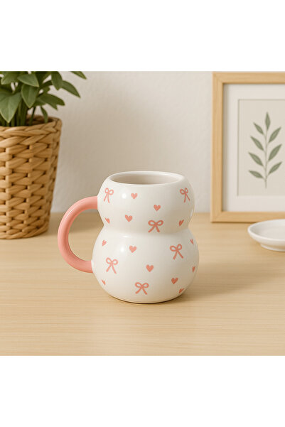 Kotium Ceramics Pembe KALP FİYONK DESENLİ Özel Kabartmalı El İşlemeli BOMBELİ SERAMİK KUPA