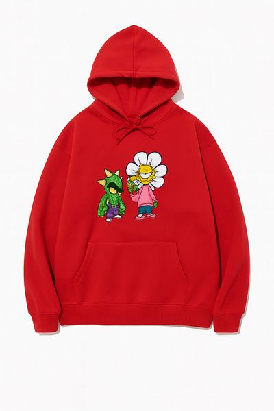CLASSY.MODA Hooded Oversize 3 Thread Cactus and Flower Printed Sweatshirt