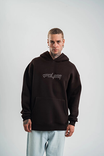 Denzy    Unisex Three Thread Hooded Embroidered Sweatshirt - Brown