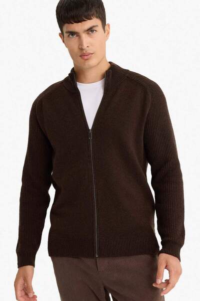DeFacto Standard Fit Stand Collar Zipper Wool Blend Knitwear Cardigan F2983Ax25Wn
