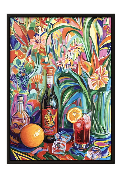 Zestia Tablou înrămat negru, natură moartă cu fructe și flori, poster decorat...