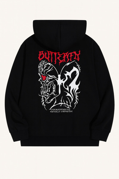 classy moda Oversize 3 Thread Hooded Butterfly Patterned Unisex Sweatshirt