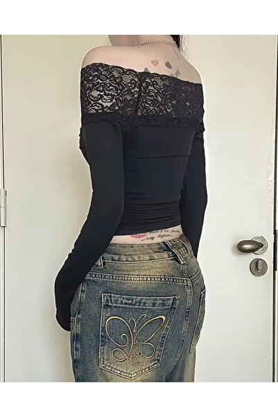 Touz Streetwear Printed Lace Black Long Sleeve Blouse