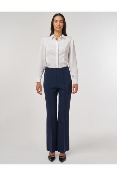 Kayra Flare Fit Grassed Trousers Dark Navy Blue