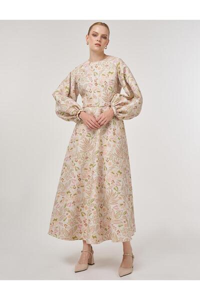 Kayra Balloon Sleeve Jacquard Dress Pistachio Green