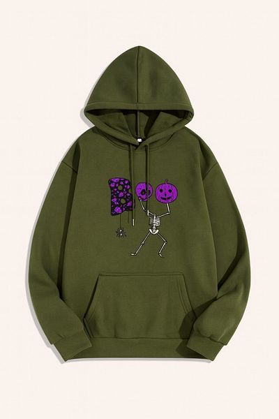 CLASSY.MODA Hooded Oversize 3 Thread Skeleton and Pumpkin Printed Sweatshirt