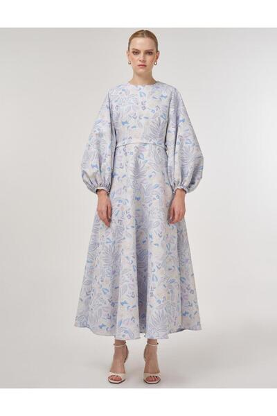 Kayra Balloon Sleeve Jacquard Dress Aviator Blue
