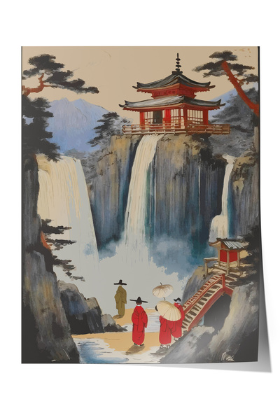 Zestia Αφίσα χωρίς πλαίσιο, Θέα σε καταρράκτη και ναό, Αφίσα διακόσμησης σαλο...