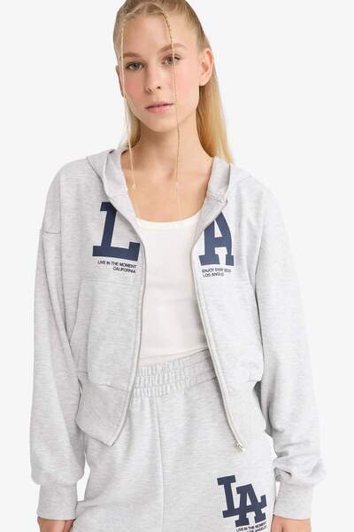 DeFacto Coool Cropped Fit Hooded Printed Zippered Sweatshirt F8911Ax25Wn