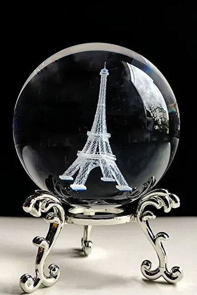 HALL BREATHE 3D kristal top, meditasyon ve şifa amacıyla cam ve metal standlı Eyfel Kulesi modeli