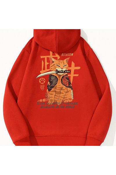 CLASSY.MODA Oversize 3 Thread Hooded Cat Printed Unisex Sweatshirt