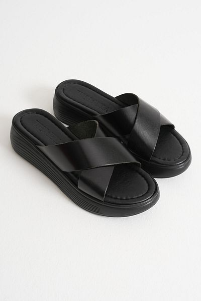 Zerenyus Fayn Premium Flat Genuine Leather Black Slippers
