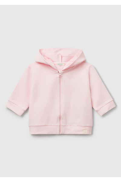 United Colors of Benetton Baby Pink Logo Label Zippered Eared Hooded Sweatshirt