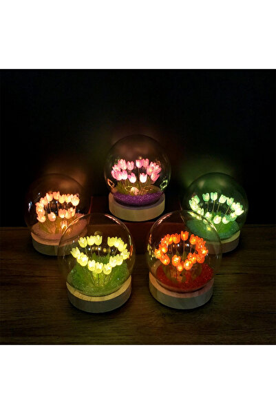 HALL BREATHE LED Işıklı Lale Cam Fanus, Beyaz, Şık ve Zarif Dekorasyon Parçası