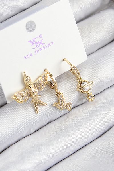 callerrons accessories Brass Zircon Stone 3-Piece Bird Model Gold Color Women's Earrings - Ebj250816W37347