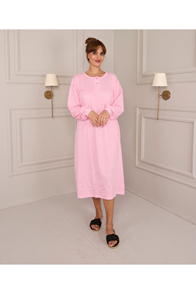 AYSUN TEKSTİL Wide-Cut Sleeves with Cuffs in Quality Cotton Fabric, Pink Heart Printed Winter Nightgown