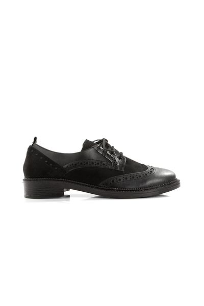 Hanımsoller Diana Women's Low Heel Lace-Up Laser Embroidered Black Skin/Suede Garni Vintage Loafer Shoes
