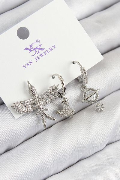 callerrons accessories Brass Zircon Stone 3-Piece Bird Model Silver Color Women's Earrings - Ebj250816W37338