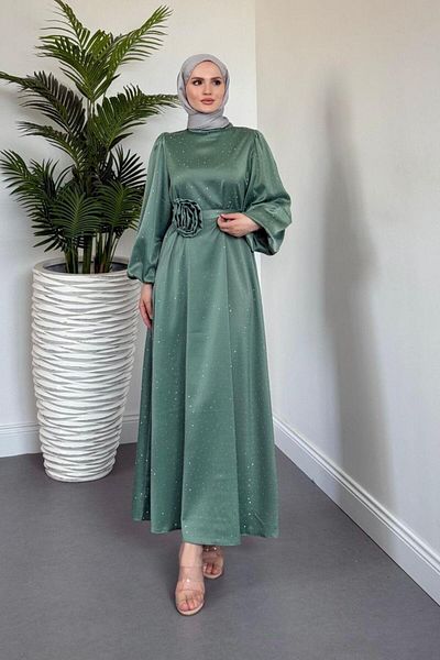 MERVEN AKYÜZ Margherita Stone Balloon Sleeve Evening Dress Mint