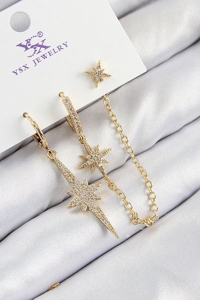 callerrons accessories Brass Zircon Stone 3-Pole Star Model Gold Color Women's Earrings - Ebj250816W37356