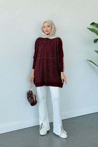 Hazamoda Movi Taşlı Merserize Tunik Bordo
