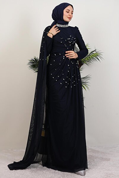 GİYZAMİLA Asrın Boncuk Abiye Lacivert