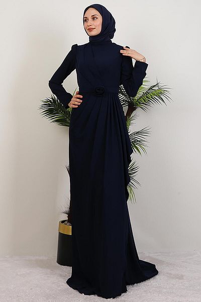 GİYZAMİLA Venessa Crepe Evening Dress Navy Blue