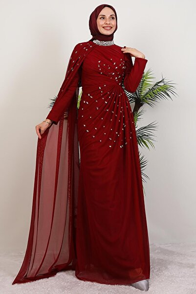GİYZAMİLA Asrın Boncuk Abiye Bordo