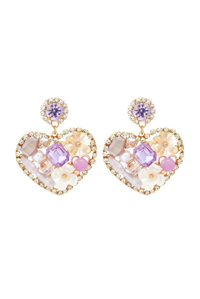 HOSBUTIK Gold pembe lila renkli taşlı kalp ZA küpe