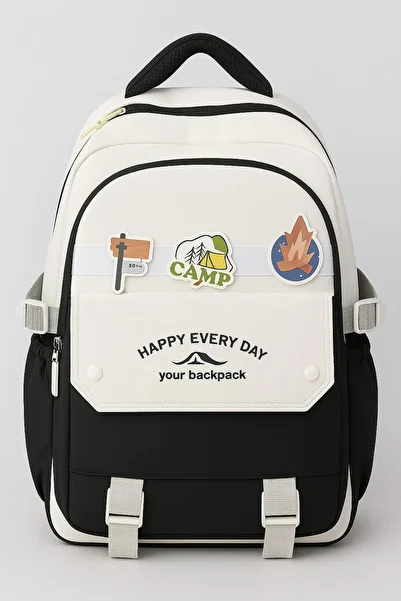 max point Cream Black Camping Themed School and Daily Backpack with Laptop Compartment Four Compartments Waterproof Double Yancep
