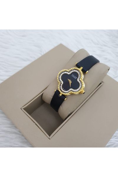 Watch Van Cleef women's watch, elegant black leather model with a gold frame, with accessories