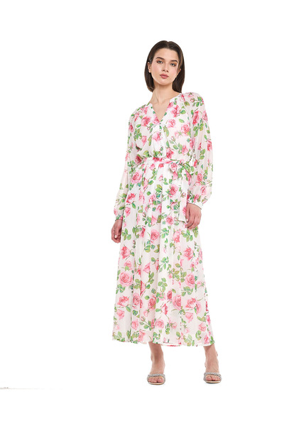 R&B فستان ماكسي مطبوع عليه زهور مع رقبة على شكل حرف V وأكمام طويلة