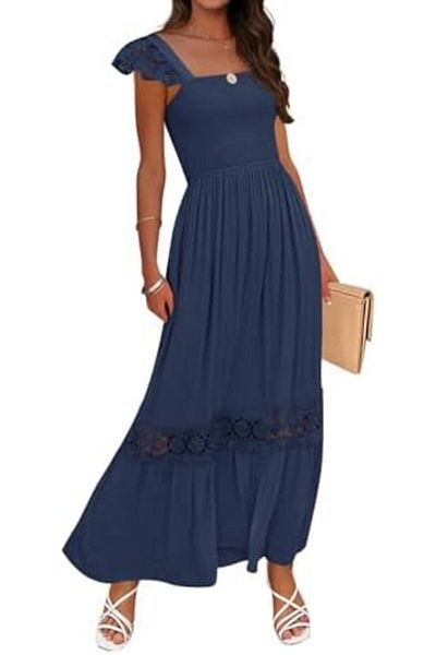 ZESICA Women's Summer Lace Strap Square Neck Smocked High Waist Ruffle Hollow Out Flowy A Line Maxi Dress-S