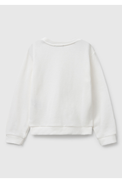 United Colors of Benetton Girl's Ecru Ribbed Regular Fit Sweatshirt with Glitter Logo Printed on the Front