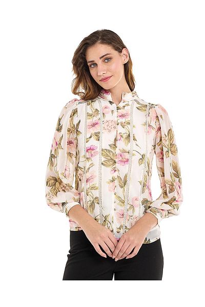 R&B Floral Print Top with High Neck and Bishop Sleeves