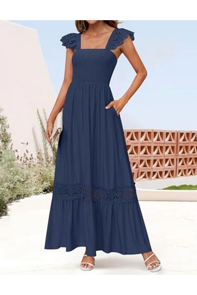 ZESICA Women's Summer Lace Strap Square Neck Smocked High Waist Ruffle Hollow Out Flowy A Line Maxi Dress-S