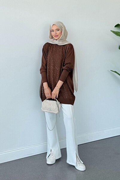 HAZA MODA Movi Taşlı Merserize Tunik Kahve