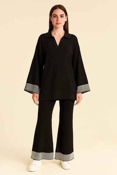 BOZKAYA ÖRME Twill Spanish Legs Silk Detail Polo Collar Bottom Top Set