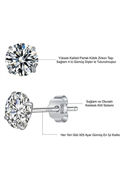 ASİL SİLVER ONLİNE 5 mm Beyaz Yuvarlak Zirkon Taşlı 925 Ayar Gümüş Pimli Unisex Tek Taş Küpe (1 çift)