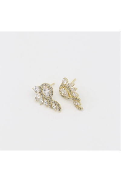 MODA Gold Color Leaf Pattern Zircon Stone Women's Steel Earrings – Elegant and Sparkling Jewelry Model