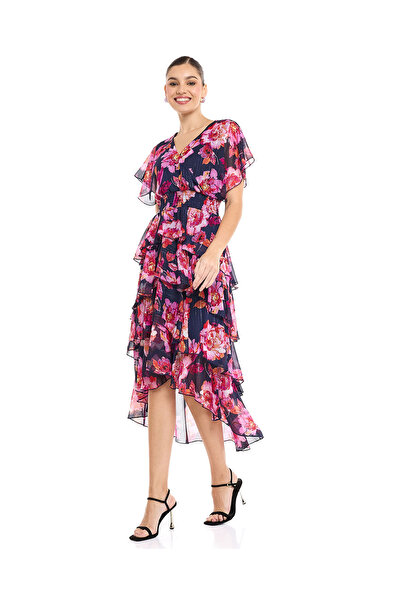 R&B Floral Print Layered Midi Dress with V-Neck and Flared Sleeves