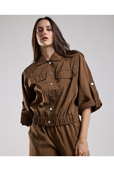 R&B Solid Jacket with Shirt Collar and 3/4 Sleeves