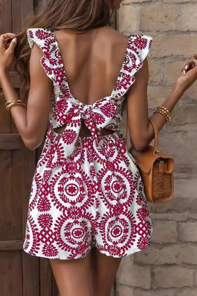 Mossta Square Collar Tie Detailed Patterned Linen Jumpsuit - Claret Red