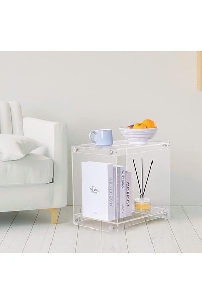 Slasa Acrylic Side Table - Transparent Two-Tier Side Table with Metal Frame