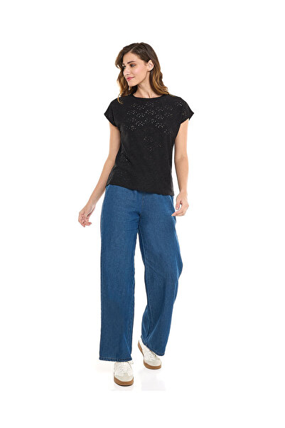 R&B Washed Culotte Jeans with Button Closure