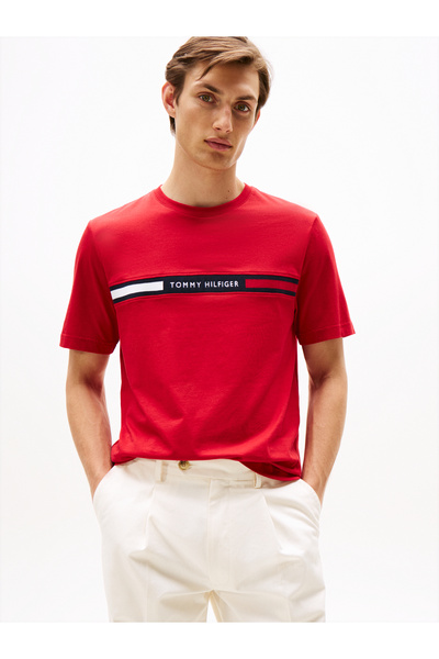 Tommy Hilfiger Tommy Hilfiger Men Medium Red Short Sleeve Crew Neck Hilfiger Chest Insert T-Shirt