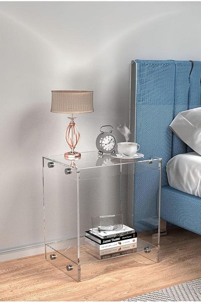 Slasa Flat-Packed Clear Acrylic Nightstand – Transparent Bedside or End Table for Modern Home Déc