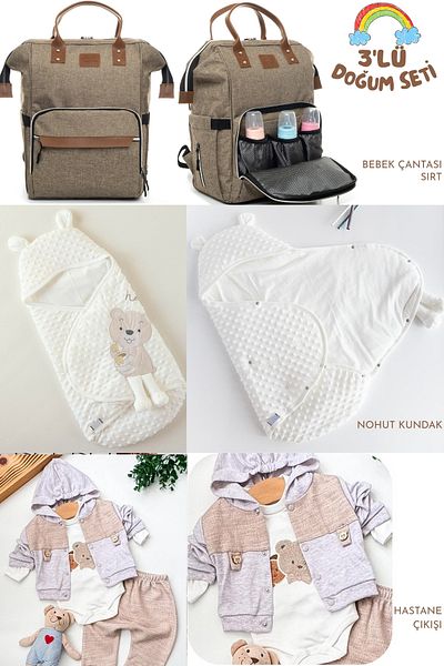 Allmart 3-Piece Birth Set (Snap Fastener Chickpea Swaddle, Functional Baby Care Bag and 100% Cotton Hospital Release)